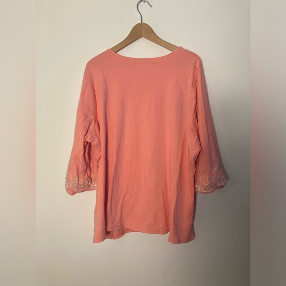 Quacker Factory 3X Shirt Top Peach Embellished Floral Embroidered 3/4 Sleeve - Picture 3 of 8